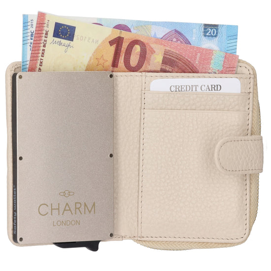 Kartenetui| Safty Wallet 11x7cm in Creme und Rundumreißverschluss - leder-accessoires.com