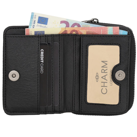Damenbörse 12x9cm im Querformat in Schwarz mit Druckknopf - leder-accessoires.com