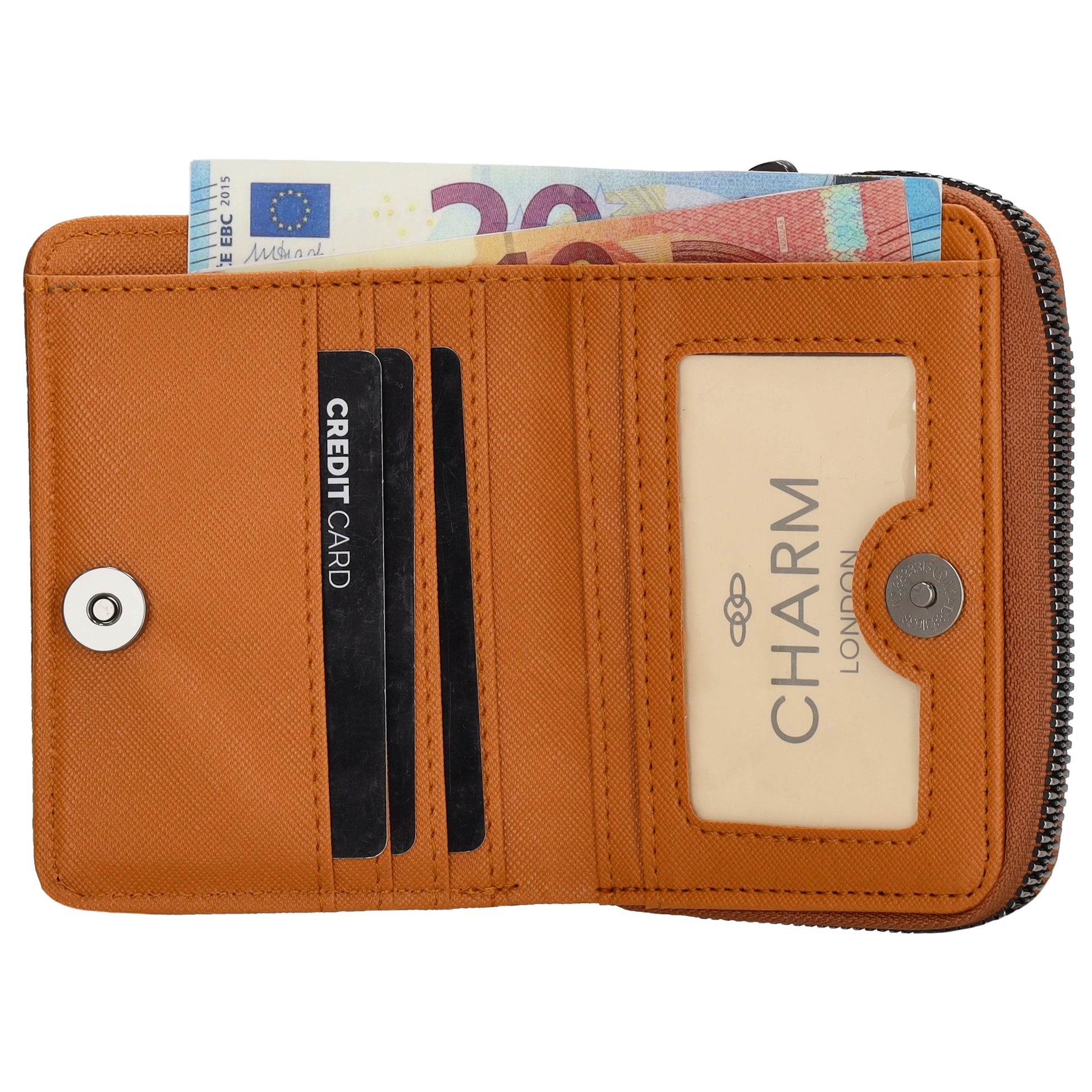 Damenbörse 12x9cm im Querformat in Cognac mit Druckknopf - leder-accessoires.com