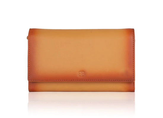 Elegante Damenbörse aus gelbem Echtleder im Querformat mit Druckknopfverschluss