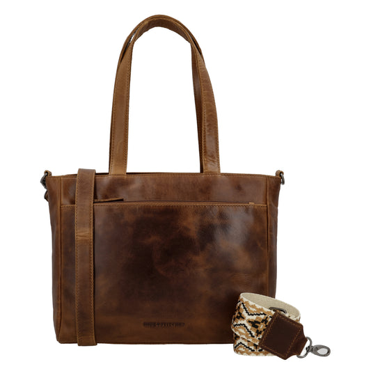 Shopper 34x34cm in Cognac aus Leder mit Reißverschluss und Tauschriemen