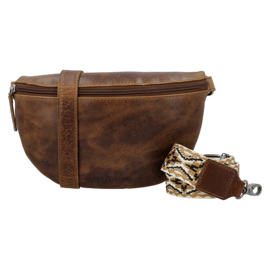Bodybag 24x13cm in Cognac mit Reißverschluss und Wechselriemen - leder-accessoires.com
