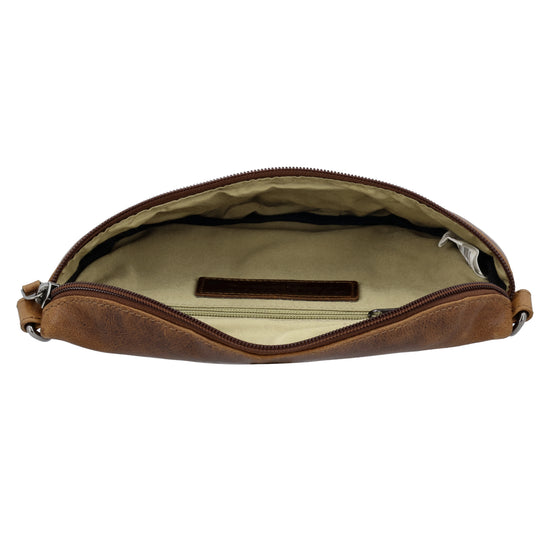 Bodybag 24x13cm in Cognac mit Reißverschluss und Wechselriemen - leder-accessoires.com