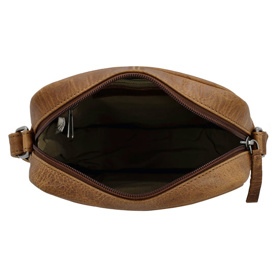 Schultertasche|Cross over 23,5x19cm in Cognac aus Leder mit Reißverschluss - leder-accessoires.com