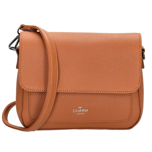 Schultertasche 26x18cm Cognac mit Reißverschluss und Überschlag