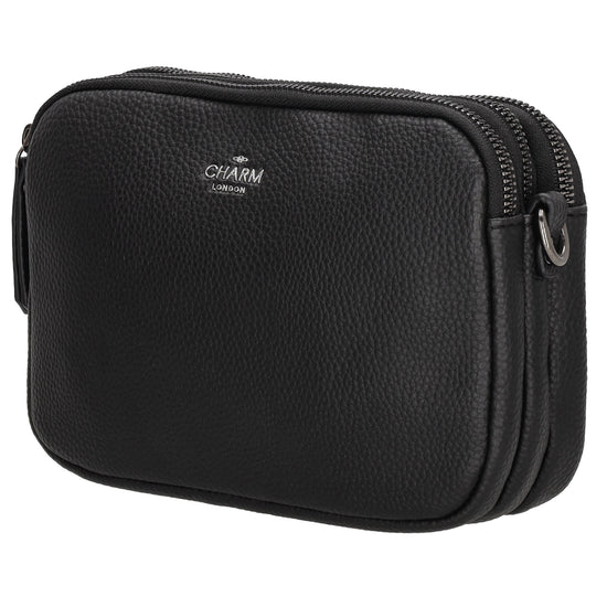 Schultertasche 21x14cm in Schwarz mit drei Hauptfächern und Reißverschluss - leder-accessoires.com