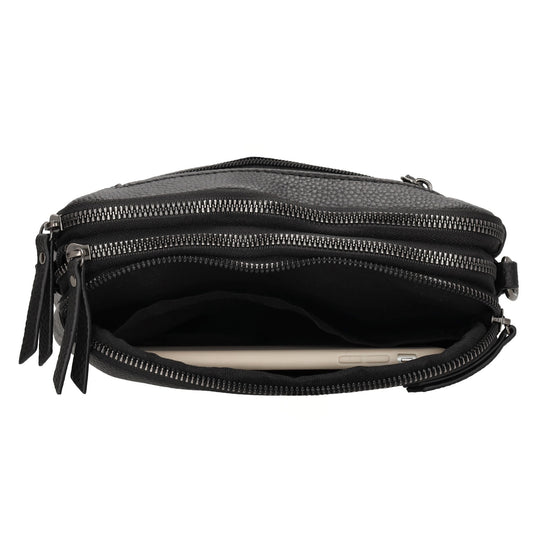 Schultertasche 21x14cm in Schwarz mit drei Hauptfächern und Reißverschluss - leder-accessoires.com