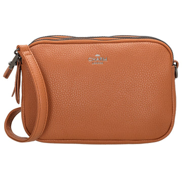 Schultertasche 21x14cm in Cognac mit drei Hauptfächern und Reißverschluss