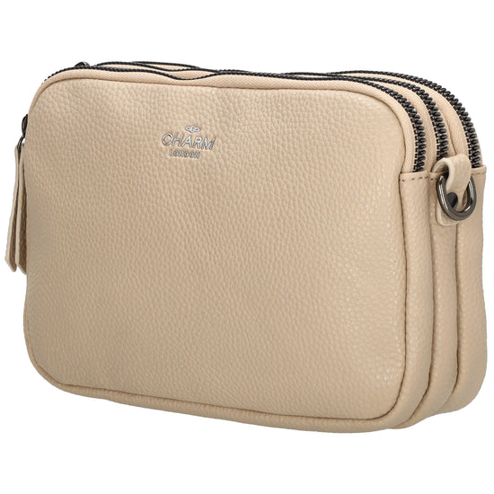 Schultertasche 21x14cm in Taupe mit drei Hauptfächern und Reißverschluss - leder-accessoires.com