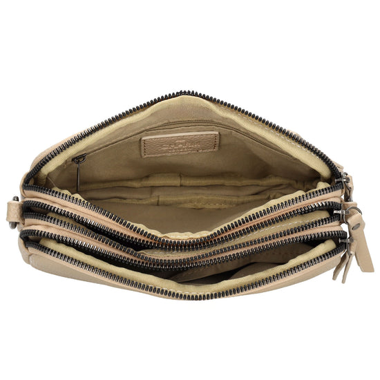 Schultertasche 21x14cm in Taupe mit drei Hauptfächern und Reißverschluss - leder-accessoires.com