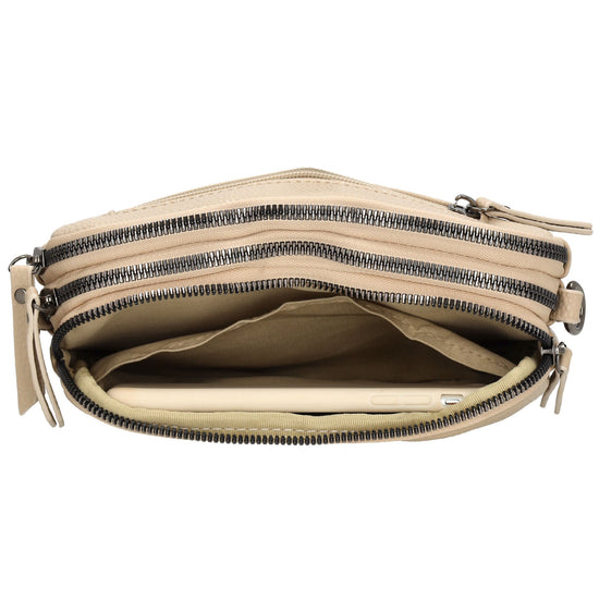 Schultertasche 21x14cm in Taupe mit drei Hauptfächern und Reißverschluss - leder-accessoires.com