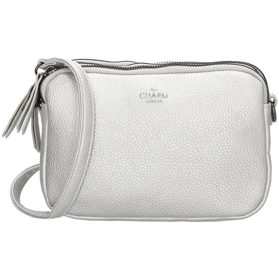 Schultertasche 21x14cm in Silber mit drei Hauptfächern und Reißverschluss - leder-accessoires.com