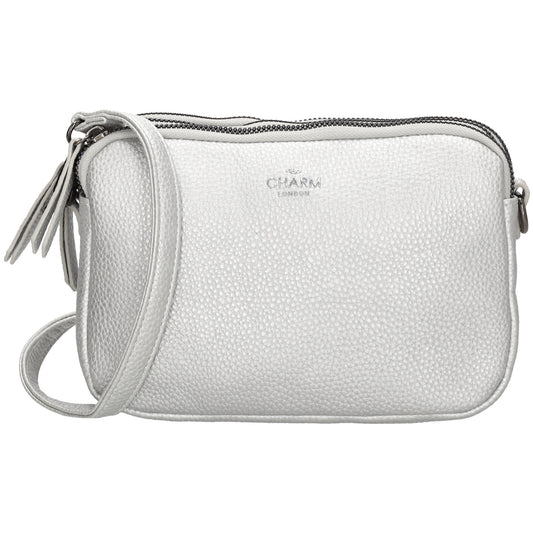 Schultertasche 21x14cm in Silber mit drei Hauptfächern und Reißverschluss