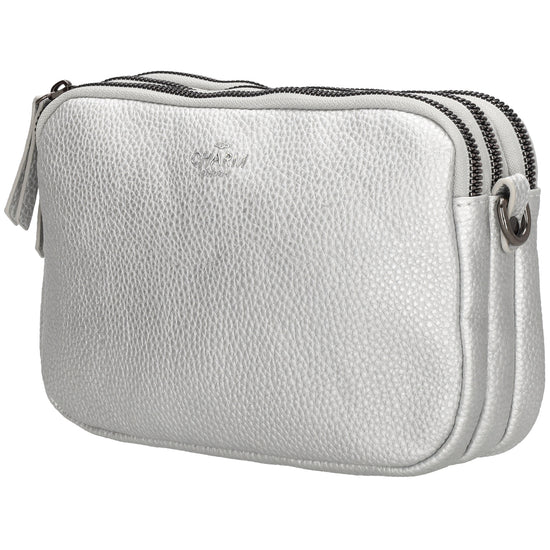 Schultertasche 21x14cm in Silber mit drei Hauptfächern und Reißverschluss - leder-accessoires.com