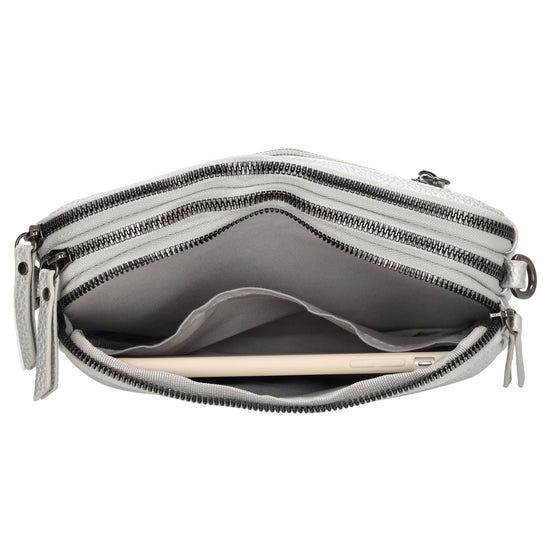 Schultertasche 21x14cm in Silber mit drei Hauptfächern und Reißverschluss - leder-accessoires.com