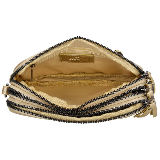Schultertasche 21x14cm in Gold mit drei Hauptfächern und Reißverschluss - leder-accessoires.com