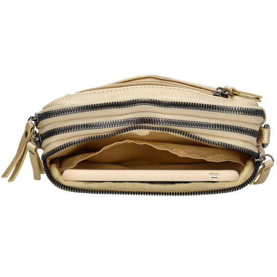 Schultertasche 21x14cm in Gold mit drei Hauptfächern und Reißverschluss - leder-accessoires.com