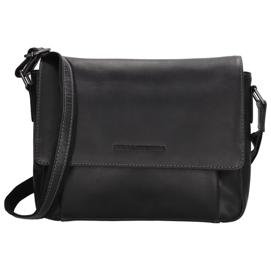Schultertasche 28x19cm in Schwarz aus Leder mit Überschlag
