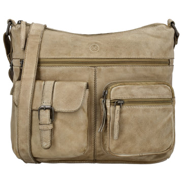 Schultertasche 34x25cm in Sand aus Leder mit zwei Vortaschen
