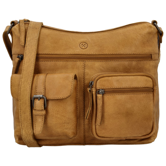 Schultertasche 34x25cm in Ocker|Gelb aus Leder mit zwei Vortaschen
