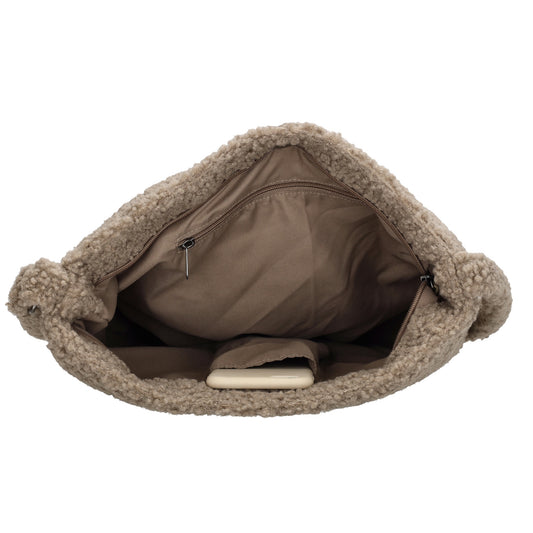 Umhängetasche Teddyfell 30 x 41cm in Taupe mit Reißverschluss