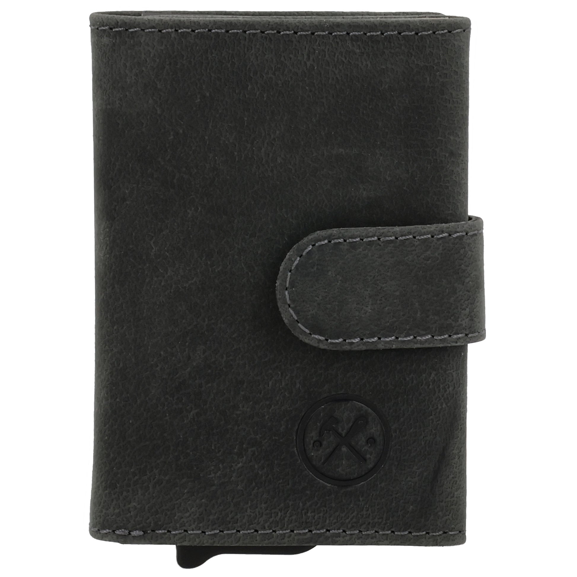 Kartenetui| Safty Wallet 7,5x10cm in Schwarz mit Riegel und Druckknopf - leder-accessoires.com