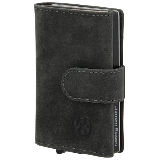 Kartenetui| Safty Wallet 7,5x10cm in Schwarz mit Riegel und Druckknopf - leder-accessoires.com