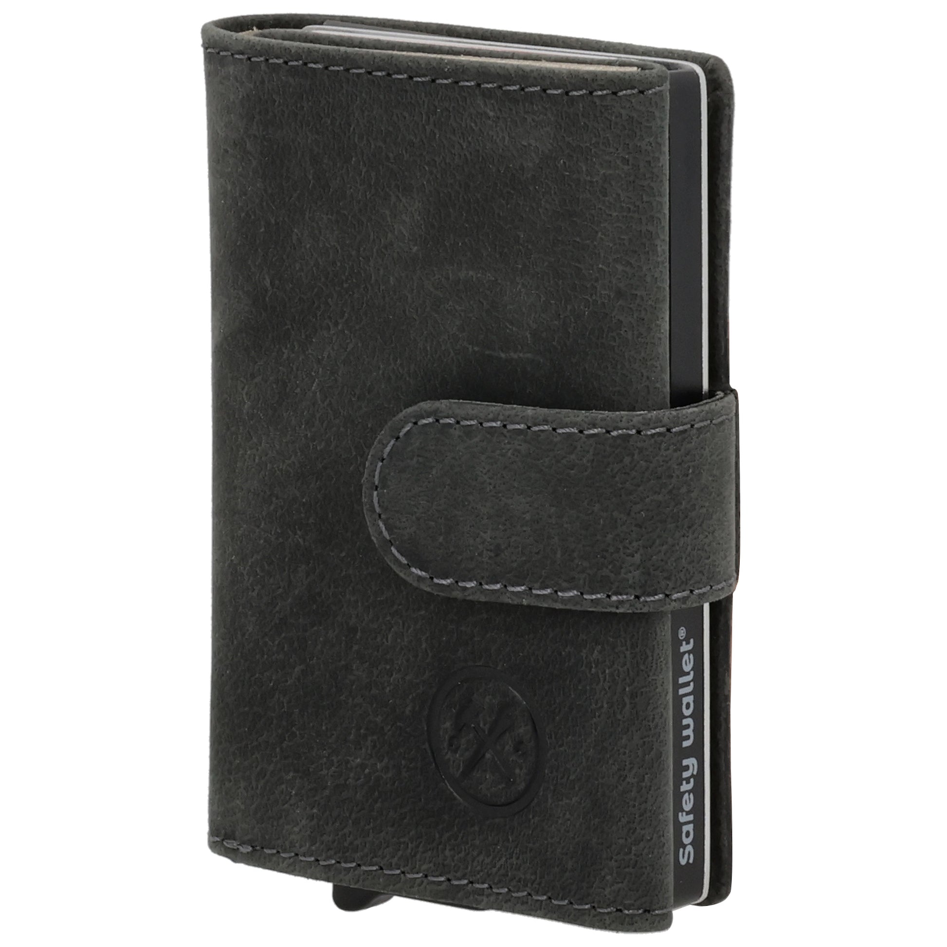 Kartenetui| Safty Wallet 7,5x10cm in Schwarz mit Riegel und Druckknopf - leder-accessoires.com