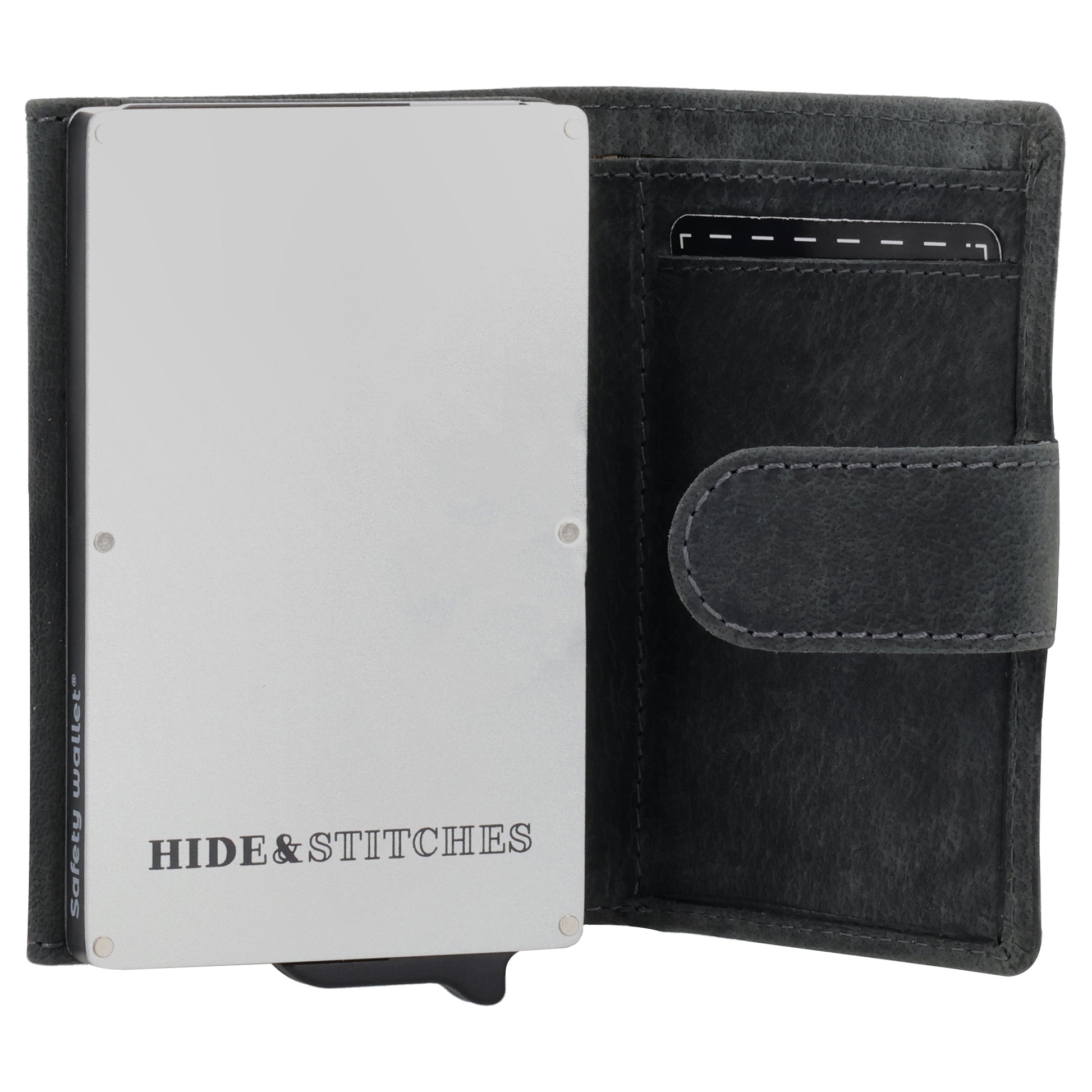 Kartenetui| Safty Wallet 7,5x10cm in Schwarz mit Riegel und Druckknopf - leder-accessoires.com