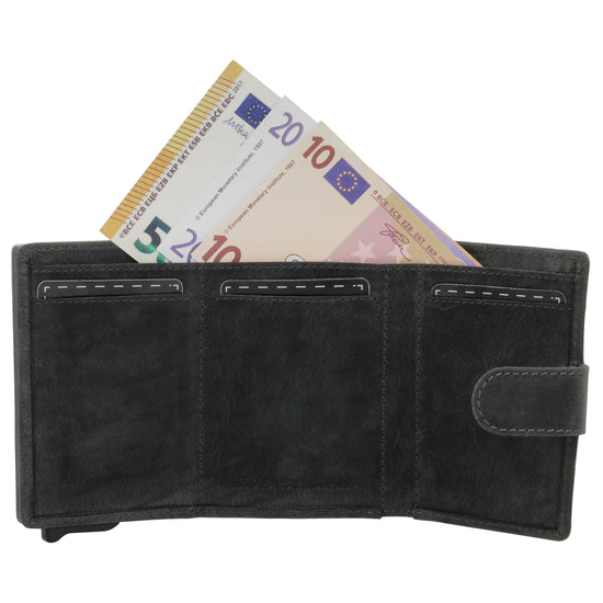 Kartenetui| Safty Wallet 7,5x10cm in Schwarz mit Riegel und Druckknopf - leder-accessoires.com