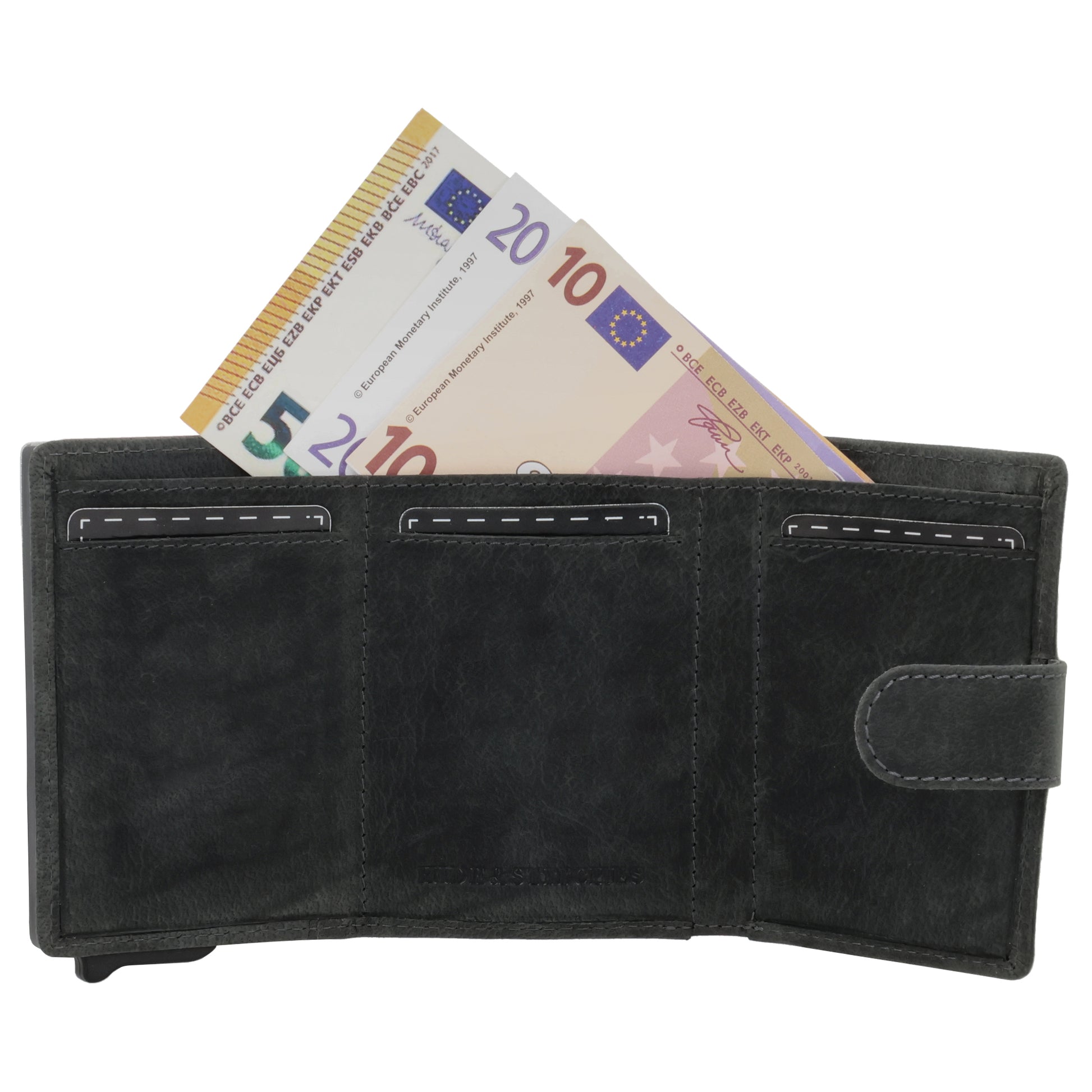 Kartenetui| Safty Wallet 7,5x10cm in Schwarz mit Riegel und Druckknopf - leder-accessoires.com
