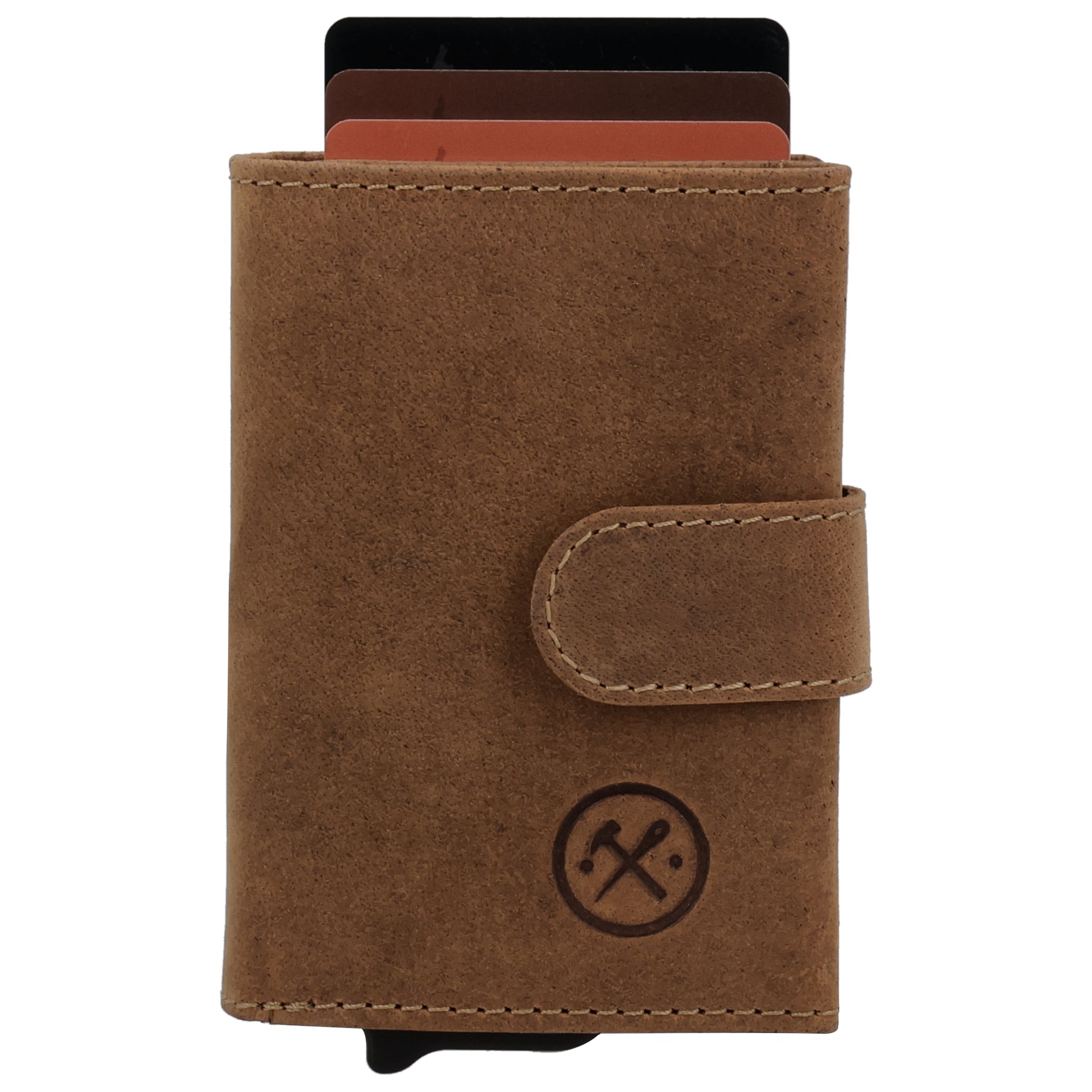Kartenetui| Safty Wallet 7,5x10cm in Braun mit Riegel und Druckknopf - leder-accessoires.com