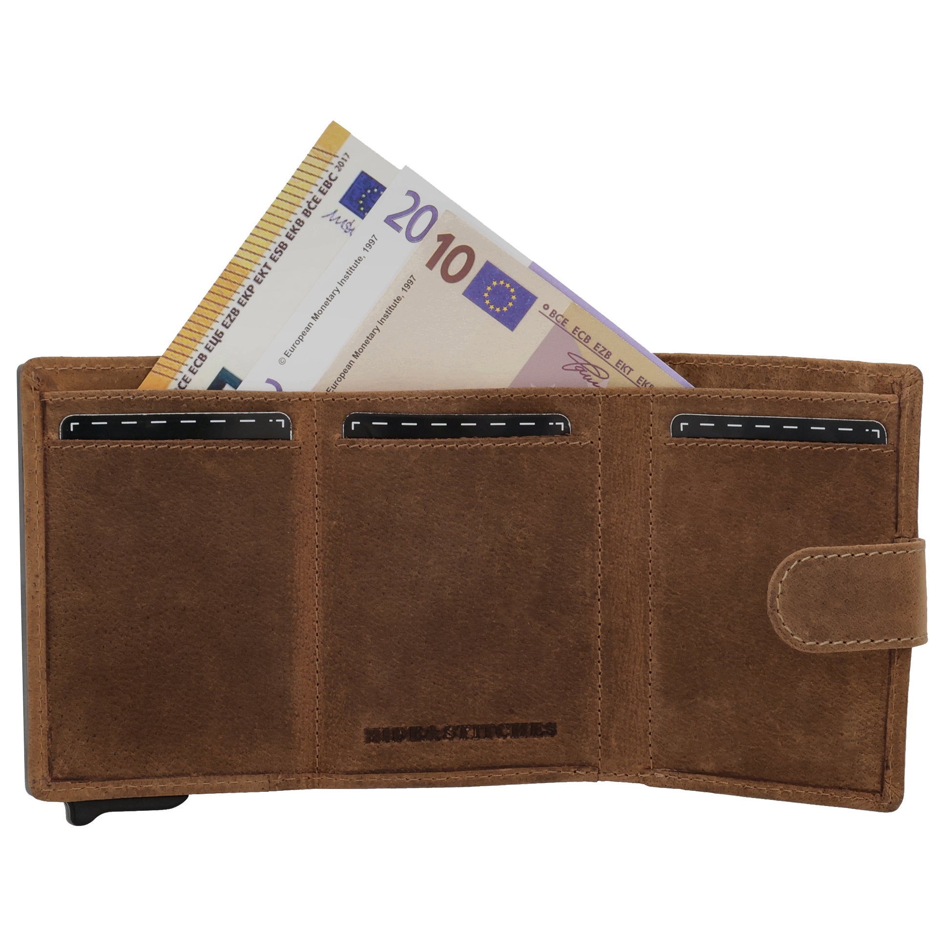 Kartenetui| Safty Wallet 7,5x10cm in Braun mit Riegel und Druckknopf - leder-accessoires.com