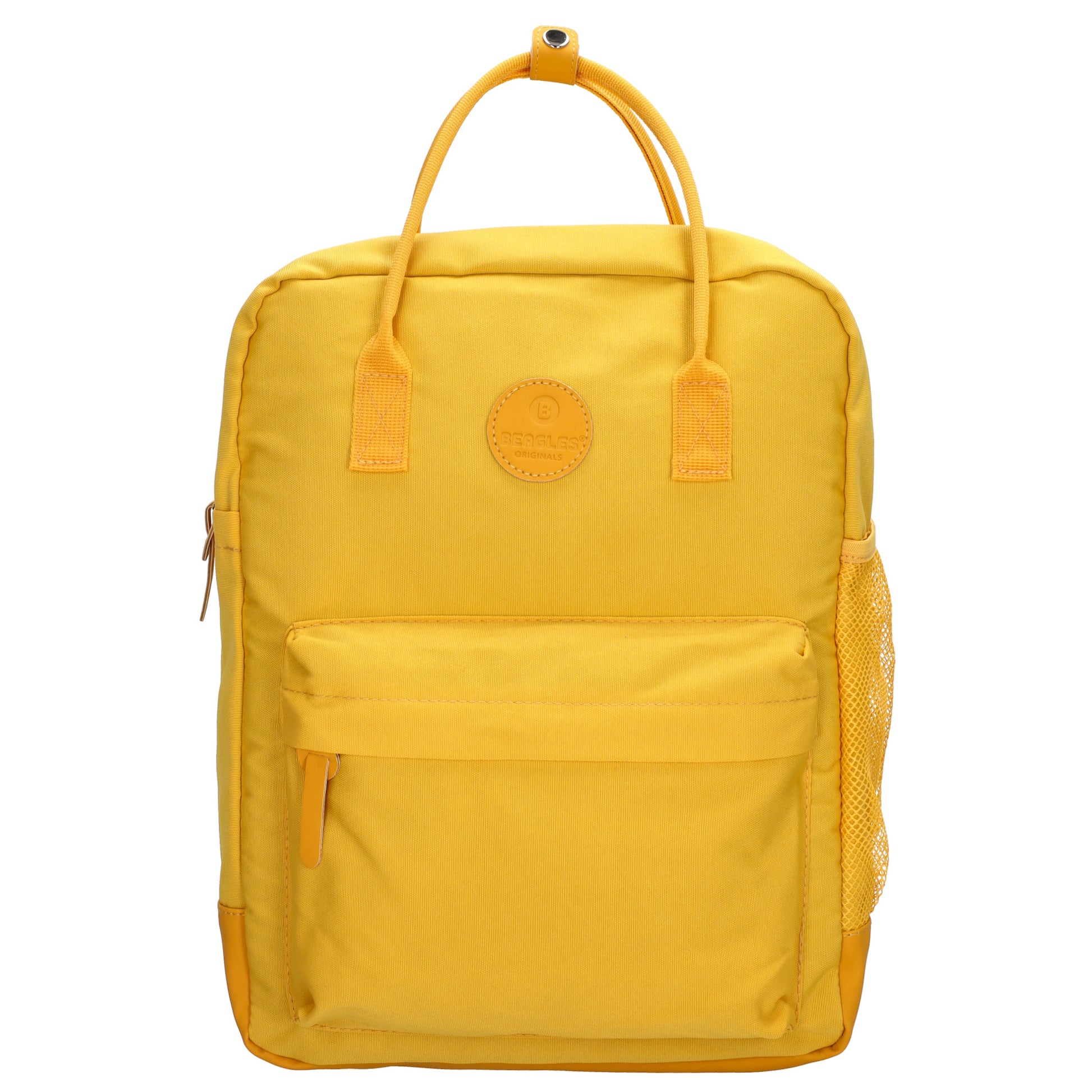 Gelber Nylonrucksack 28x36,5cm mit Reißverschluss und Vortasche