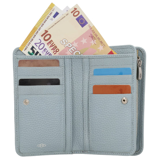 Lederbörse 14x9cm im Querformat in Hellblau mit separatem Münzfach - leder-accessoires.com