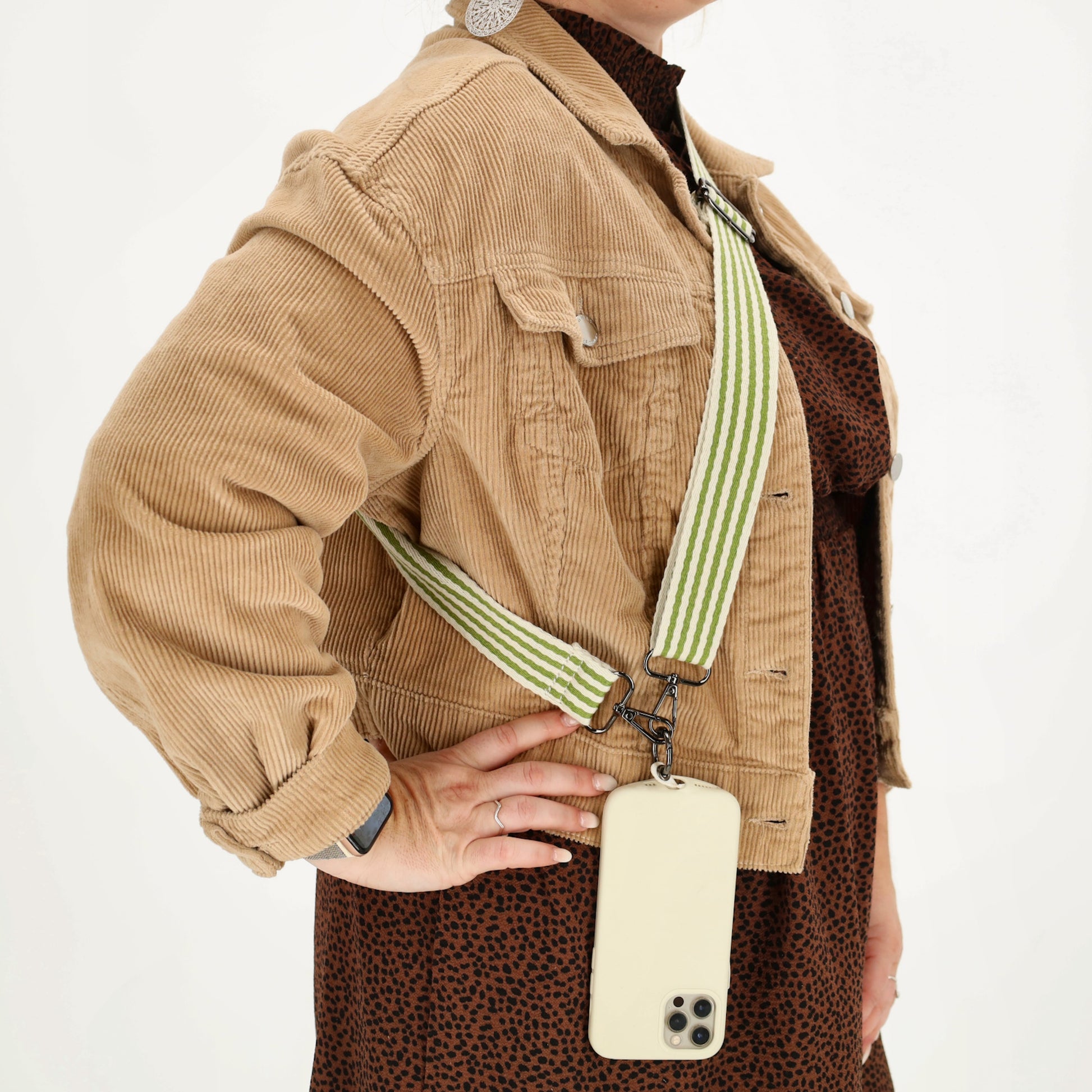 Taschenriemen|Wechselriemen 140cm in Grün|Weiß gestreift mit Karabiner - leder-accessoires.com