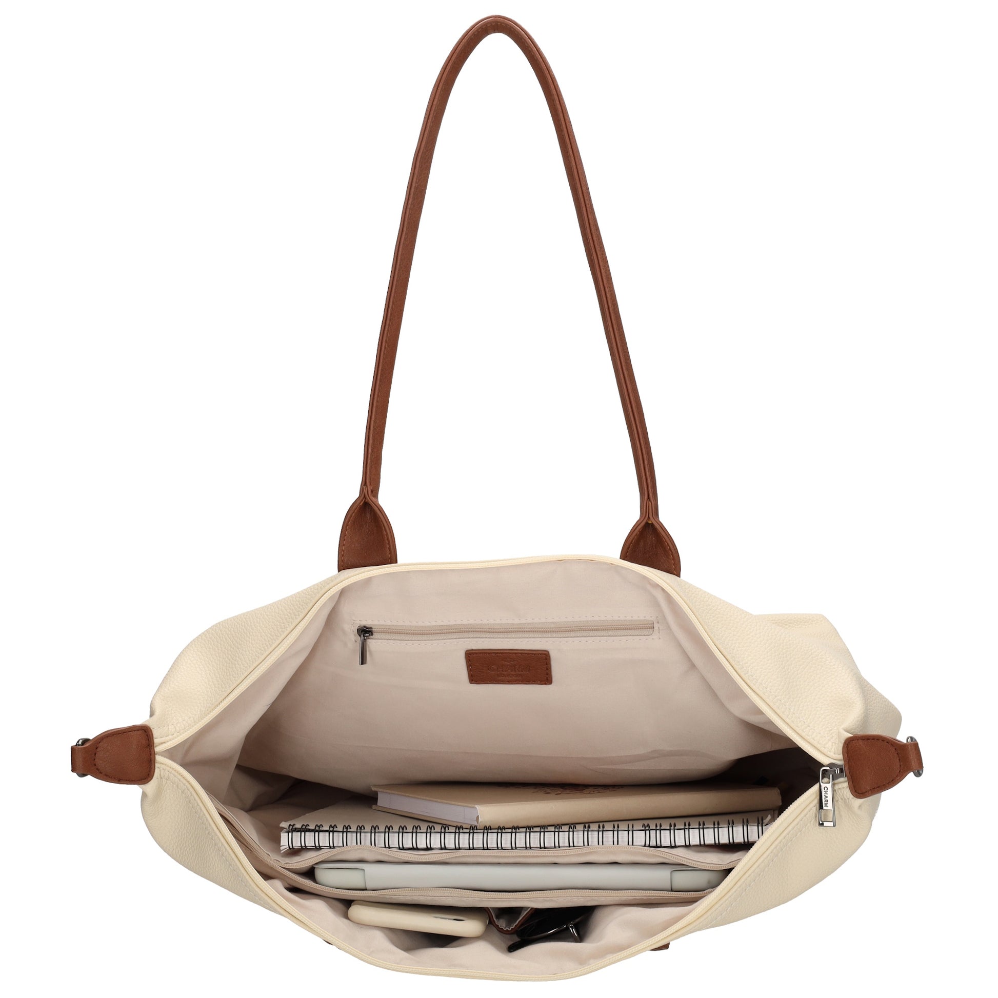 Beiger Shopper 51x33cm mit Laptopfach 15,6 Zoll - leder-accessoires.com