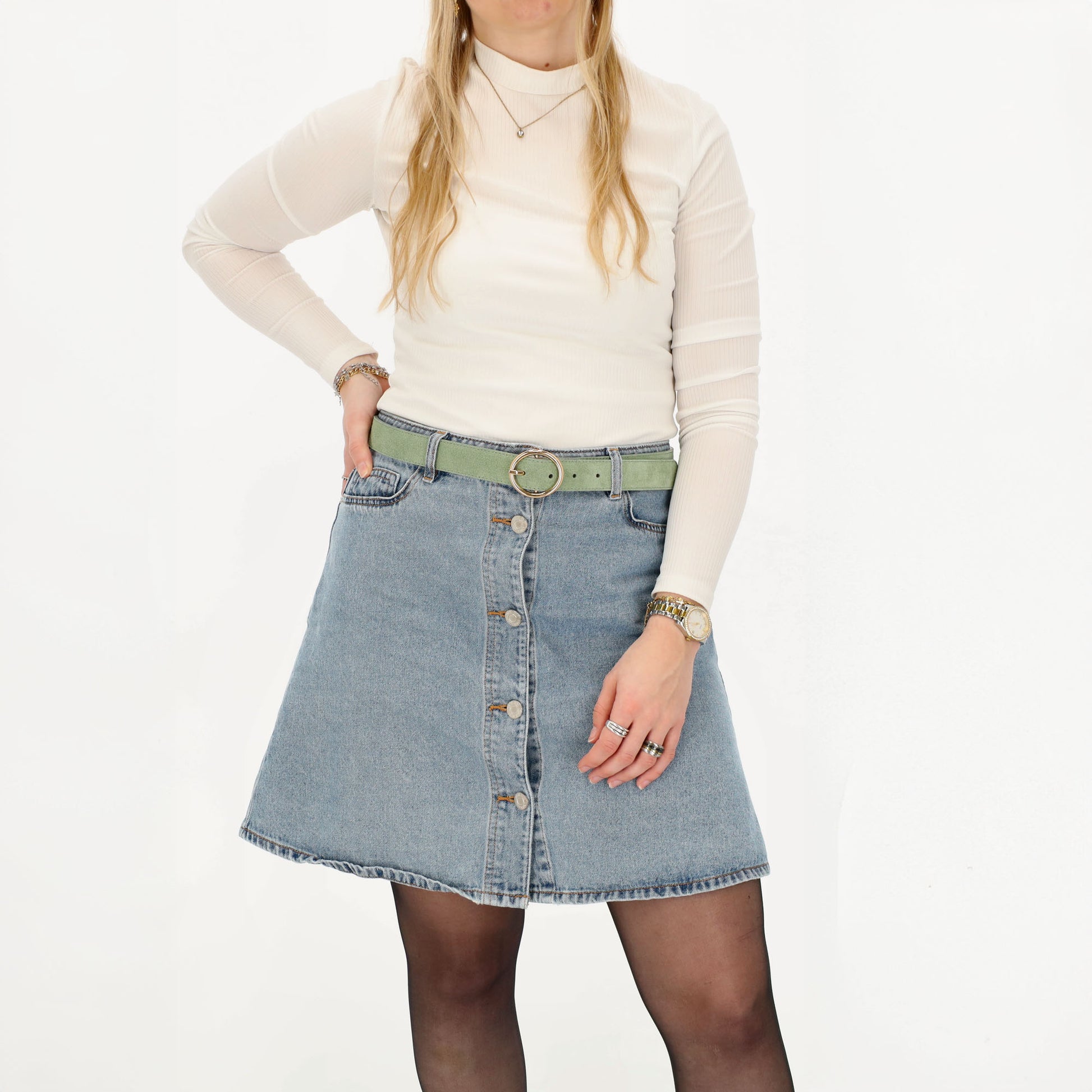 Pistazien Ledergürtel Damen 2,5cm - Gold-Vollschließe aus Veloursleder - leder-accessoires.com