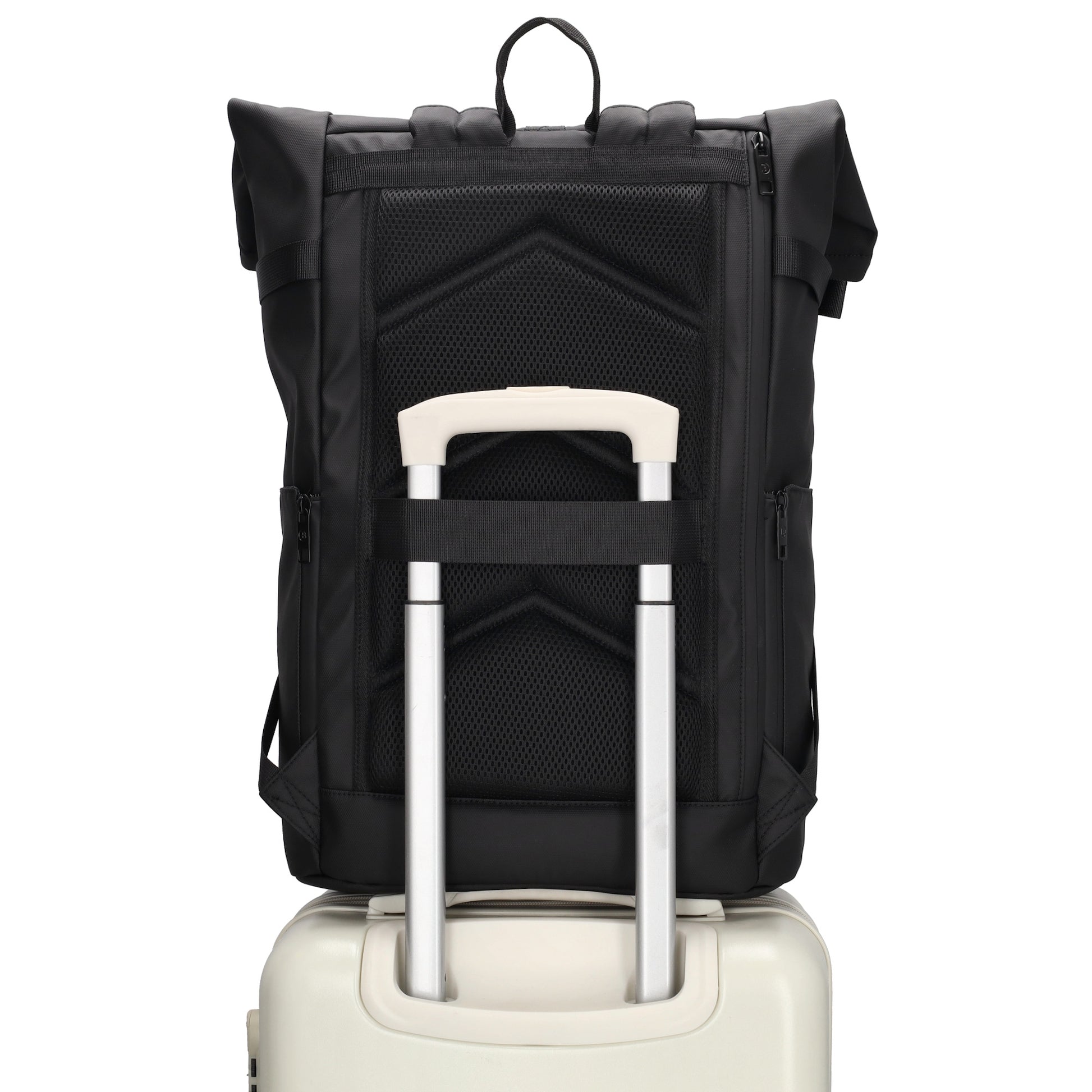 Rolltop-Rucksack 48x28cm in Schwarz mit Umschlag und Reißverschluss - leder-accessoires.com