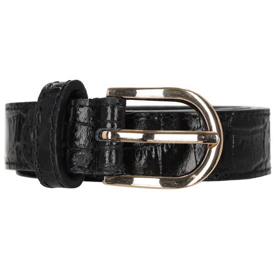 Schwarzer Ledergürtel mit Kroko-Prägung – 2,5cm Breit, Ovale Schließe in Gold - leder-accessoires.com