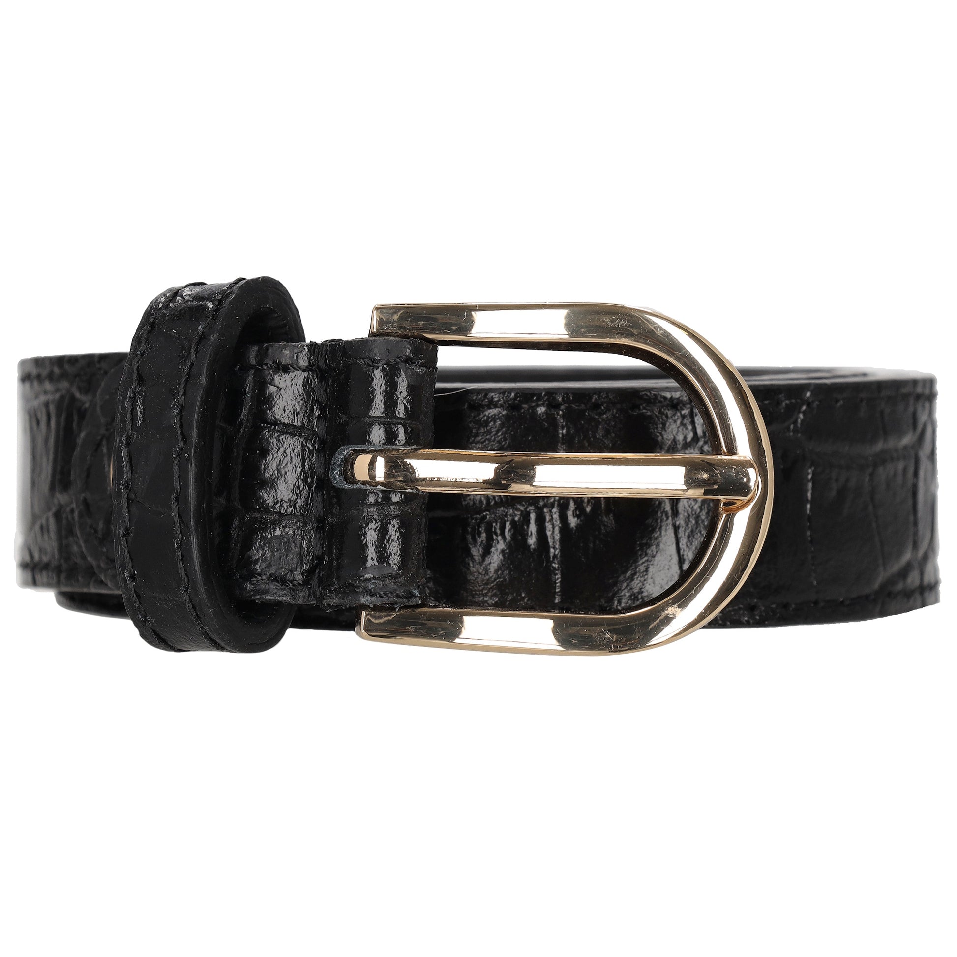 Schwarzer Ledergürtel mit Kroko-Prägung – 2,5cm Breit, Ovale Schließe in Gold - leder-accessoires.com