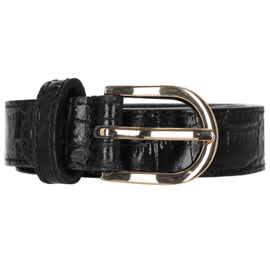 Schwarzer Ledergürtel mit Kroko-Prägung – 2,5cm Breit, Ovale Schließe in Gold - leder-accessoires.com