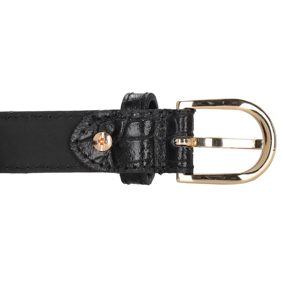 Schwarzer Ledergürtel mit Kroko-Prägung – 2,5cm Breit, Ovale Schließe in Gold - leder-accessoires.com