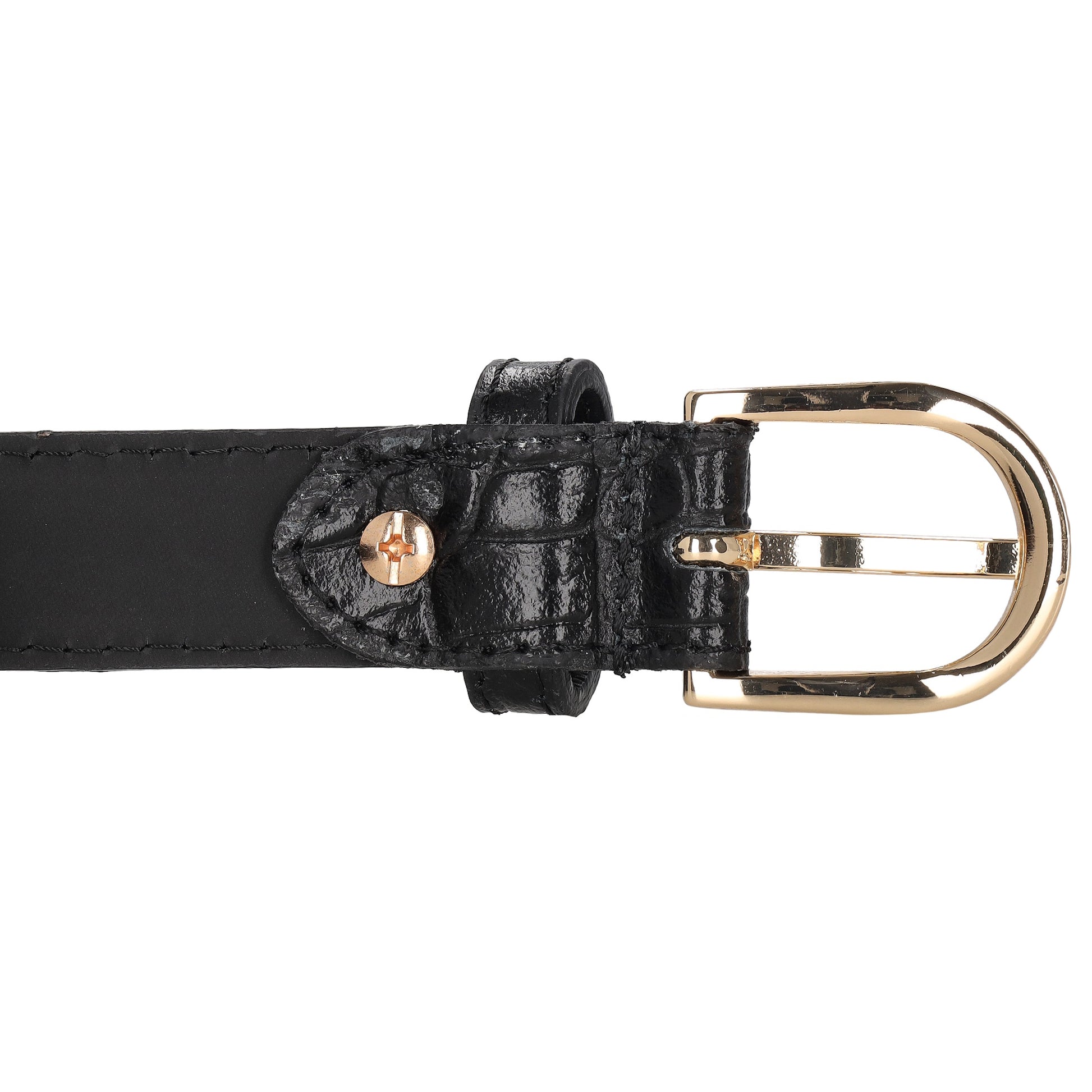 Schwarzer Ledergürtel mit Kroko-Prägung – 2,5cm Breit, Ovale Schließe in Gold - leder-accessoires.com