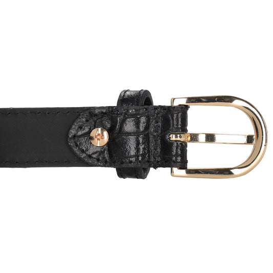 Schwarzer Ledergürtel mit Kroko-Prägung – 2,5cm Breit, Ovale Schließe in Gold - leder-accessoires.com