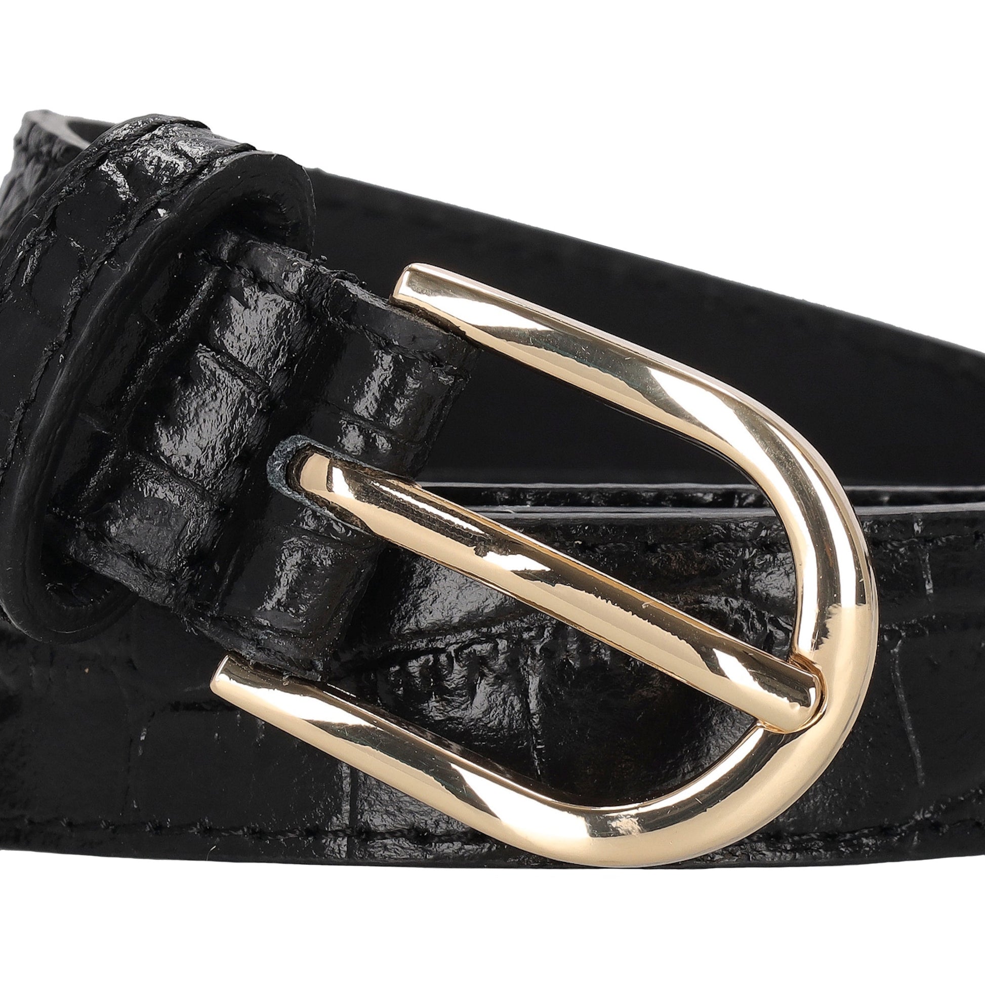 Schwarzer Ledergürtel mit Kroko-Prägung – 2,5cm Breit, Ovale Schließe in Gold - leder-accessoires.com