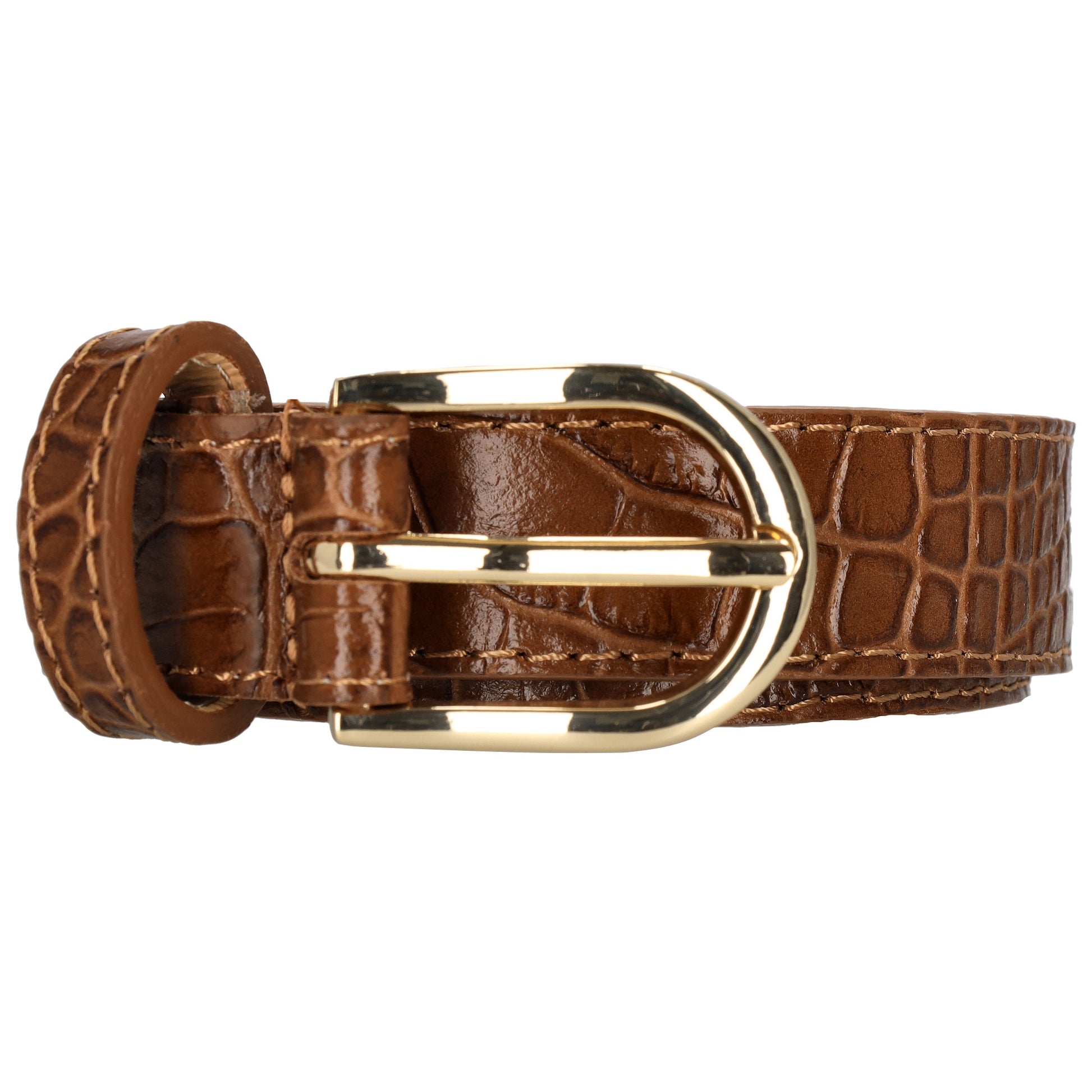Cognacfarbener Ledergürtel mit Kroko-Prägung – 2,5cm Breit, Gold-Ovale Schließe - leder-accessoires.com