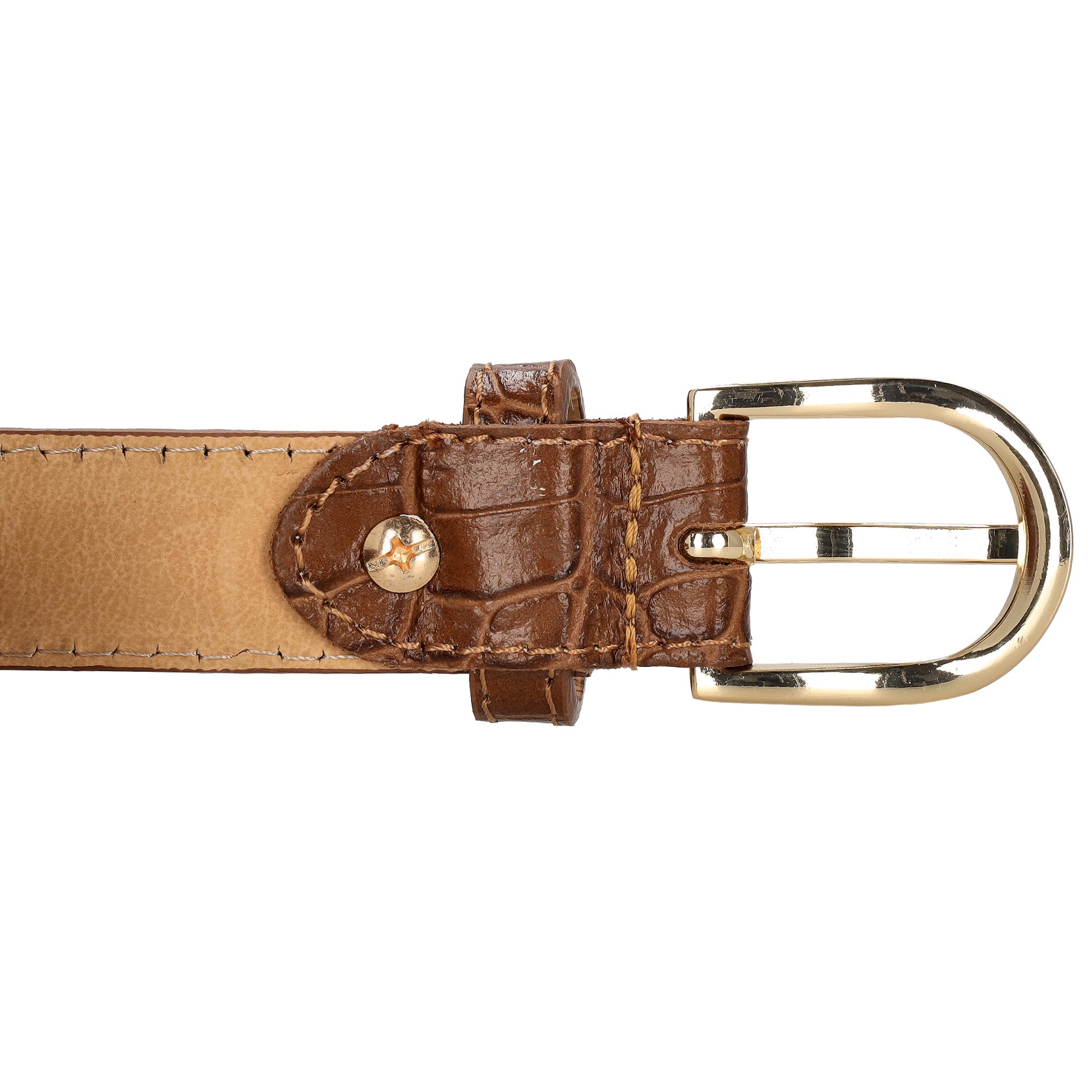 Cognacfarbener Ledergürtel mit Kroko-Prägung – 2,5cm Breit, Gold-Ovale Schließe - leder-accessoires.com