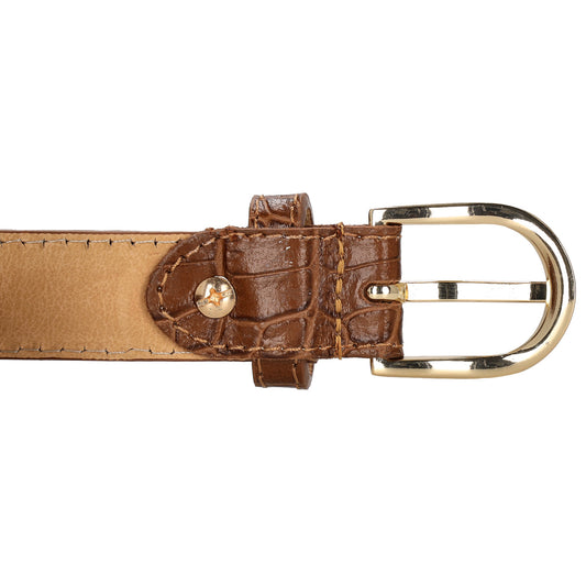 Cognacfarbener Ledergürtel mit Kroko-Prägung – 2,5cm Breit, Gold-Ovale Schließe - leder-accessoires.com