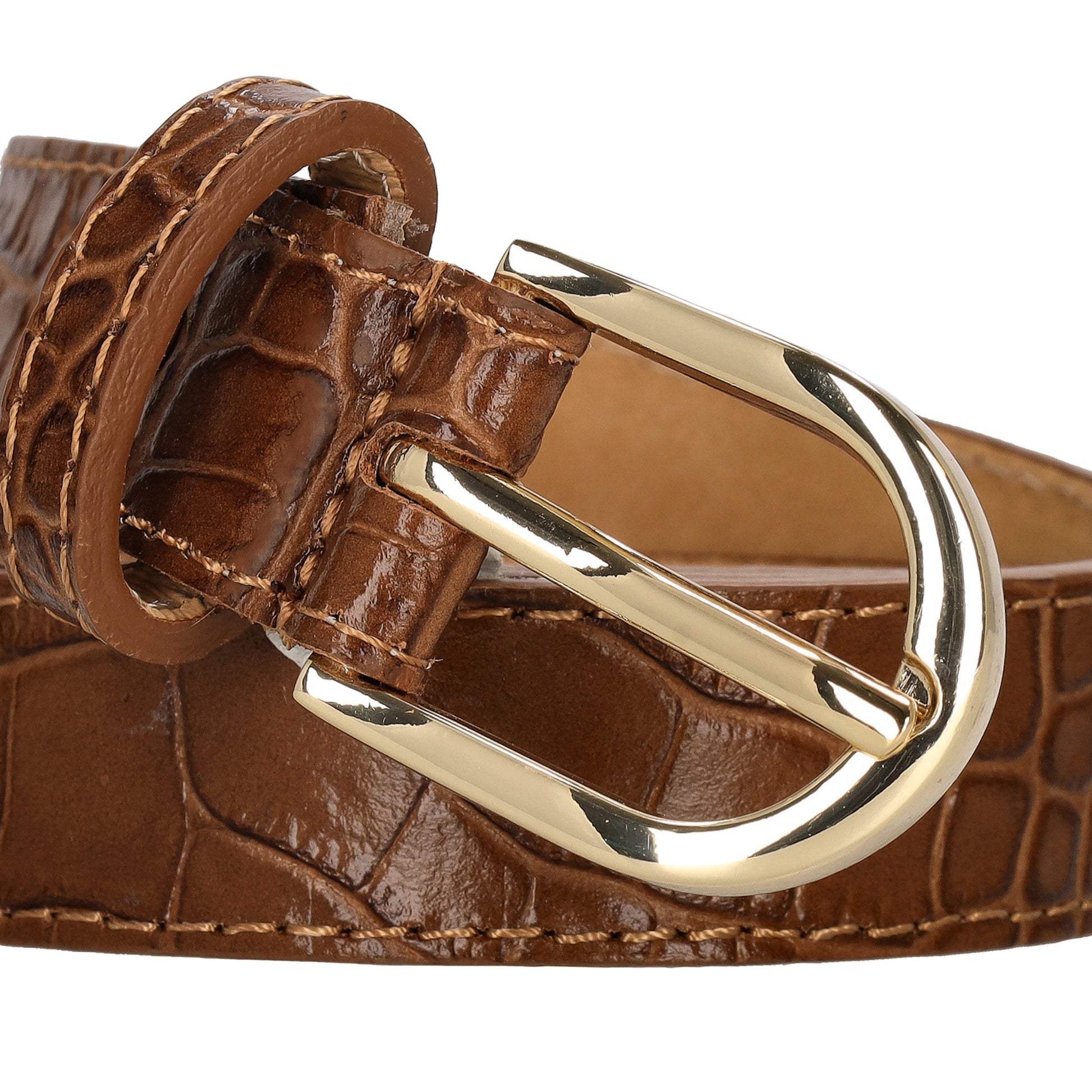 Cognacfarbener Ledergürtel mit Kroko-Prägung – 2,5cm Breit, Gold-Ovale Schließe - leder-accessoires.com